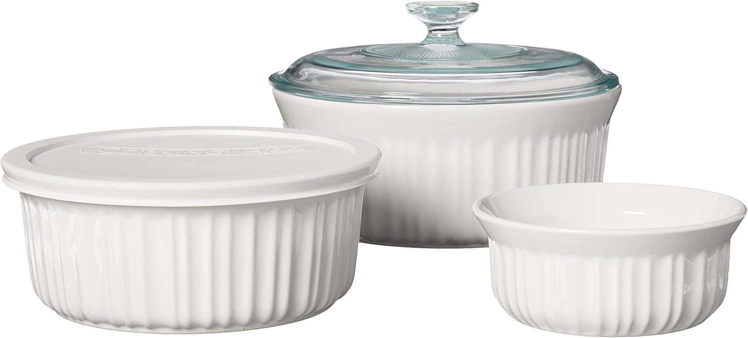 CorningWare French White 7-Pc Ceramic Bakeware Set with Lids Chip and Crack Resistant Stoneware Baking Dish